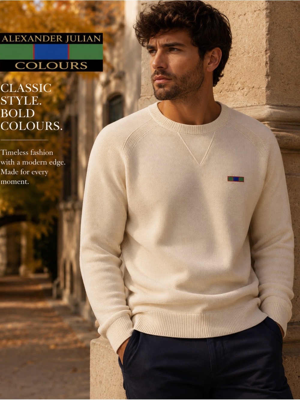 Alexander Julian COLOURS Crew Neck Cream Long Sleeve Pullover Shirt